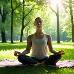 A person calmly meditating in a lush green park, completely detached from any visible technology. Sunlight filters through the trees, creating a serene and peaceful atmosphere. The individual's face reflects tranquility, emphasizing the benefits of digital detox and reconnection with nature. Focus on natural colors and soft lighting to evoke a sense of calm.