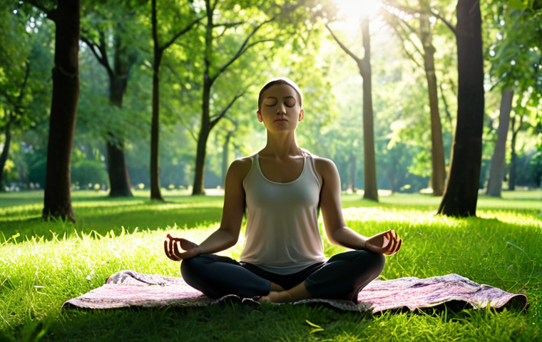 A person calmly meditating in a lush green park, completely detached from any visible technology. Sunlight filters through the trees, creating a serene and peaceful atmosphere. The individual's face reflects tranquility, emphasizing the benefits of digital detox and reconnection with nature. Focus on natural colors and soft lighting to evoke a sense of calm.