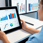 A professional woman in a modest business casual outfit, sitting comfortably at a modern, minimalist desk, thoughtfully interacting with a digital tablet displaying a clean, user-friendly pain management application interface. The background features subtle, soft-focus graphs and data visualizations representing personal health insights, suggesting data-driven self-management and empowerment. The overall atmosphere is calm and focused, reflecting a commitment to well-being. Fully clothed, appropriate attire, safe for work, perfect anatomy, correct proportions, natural pose, professional photography, high quality, family-friendly.