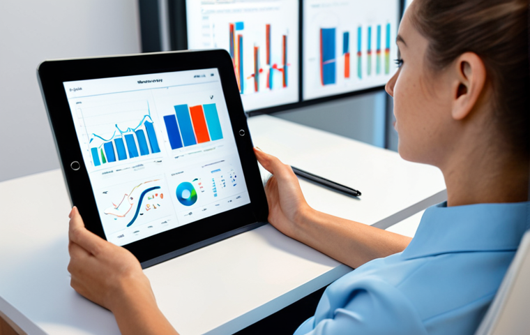 A professional woman in a modest business casual outfit, sitting comfortably at a modern, minimalist desk, thoughtfully interacting with a digital tablet displaying a clean, user-friendly pain management application interface. The background features subtle, soft-focus graphs and data visualizations representing personal health insights, suggesting data-driven self-management and empowerment. The overall atmosphere is calm and focused, reflecting a commitment to well-being. Fully clothed, appropriate attire, safe for work, perfect anatomy, correct proportions, natural pose, professional photography, high quality, family-friendly.