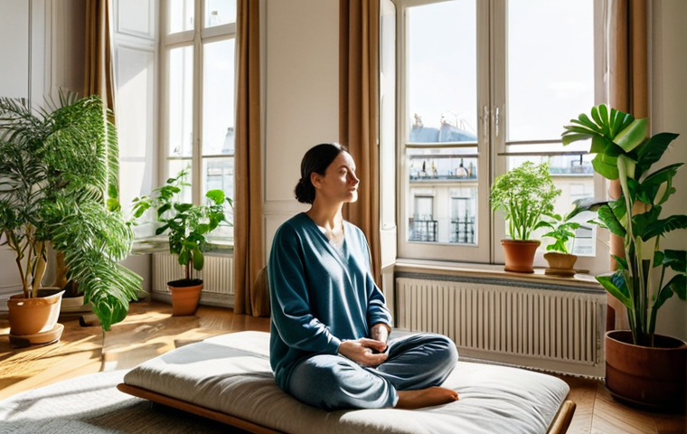 디지털 페인 관리와 효과적인 커뮤니케이션 - **

"A woman practicing mindful breathing in a sunlit Parisian apartment, surrounded by houseplants,...