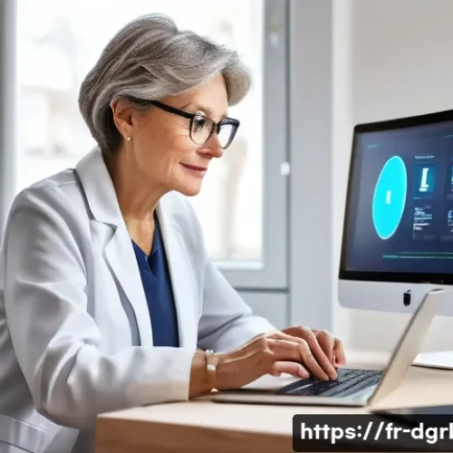 디지털 페인 관리의 비용 분석 - A modern French home office setting where a middle-aged woman is engaging in a teleconsultation on h...
