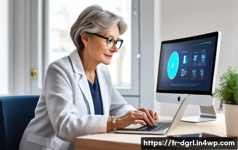 디지털 페인 관리의 비용 분석 - A modern French home office setting where a middle-aged woman is engaging in a teleconsultation on h...