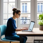 디지털 페인 관리에서의 위험 요소 - A modern home office scene in Paris, featuring a young adult working on a laptop with an adjustable ...
