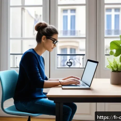 디지털 페인 관리에서의 위험 요소 - A modern home office scene in Paris, featuring a young adult working on a laptop with an adjustable ...