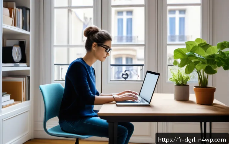 디지털 페인 관리에서의 위험 요소 - A modern home office scene in Paris, featuring a young adult working on a laptop with an adjustable ...