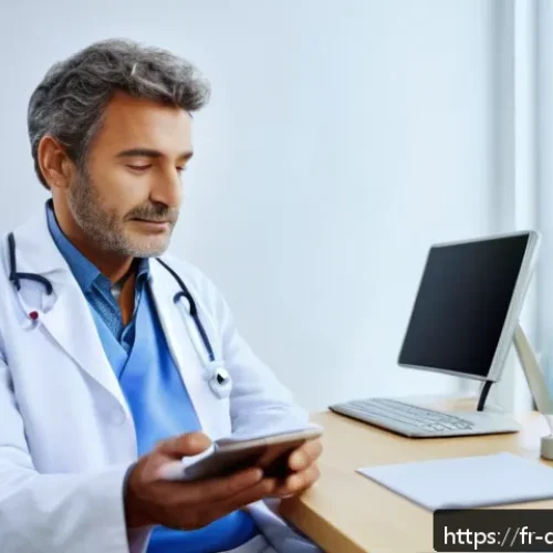 디지털 페인 관리와 의료 서비스의 통합 - A modern healthcare setting featuring a middle-aged French patient wearing a sleek, high-tech smart ...