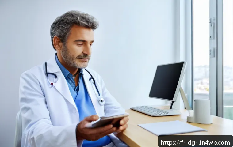 디지털 페인 관리와 의료 서비스의 통합 - A modern healthcare setting featuring a middle-aged French patient wearing a sleek, high-tech smart ...