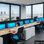 디지털 페인 관리의 데이터 기반 의사결정 - A modern French office setting with diverse employees wearing business casual attire and sitting at ...