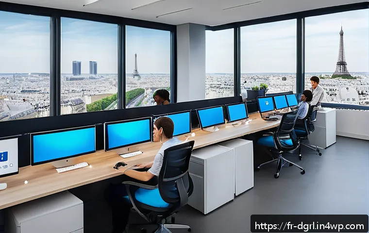 디지털 페인 관리의 데이터 기반 의사결정 - A modern French office setting with diverse employees wearing business casual attire and sitting at ...