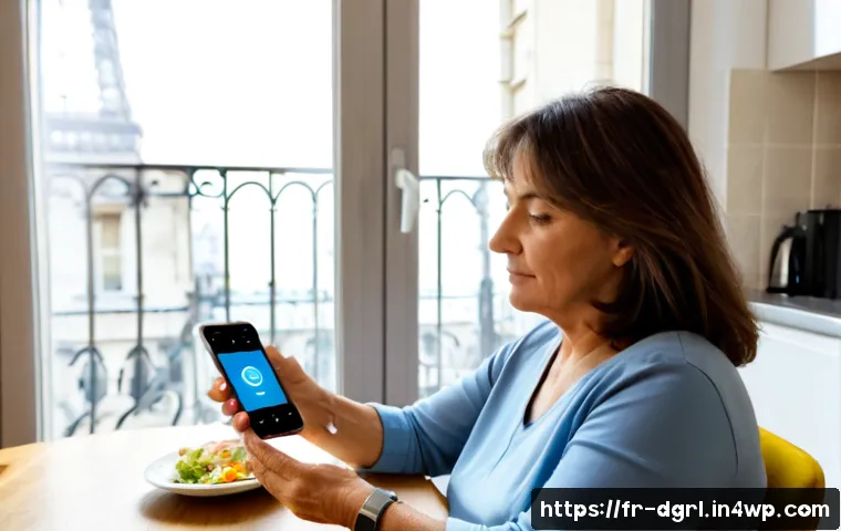 Home 13 디지털 페인 관리에서의 사용자 피드백 활용 방법 - Photorealistic French middle-aged woman in a bright Paris apartment, seated comfortably at a tidy ki...